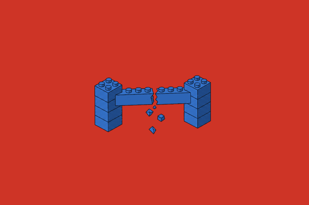 Supplier financial risk: isometric blocks showing a broken supply-chain bridge on a red background