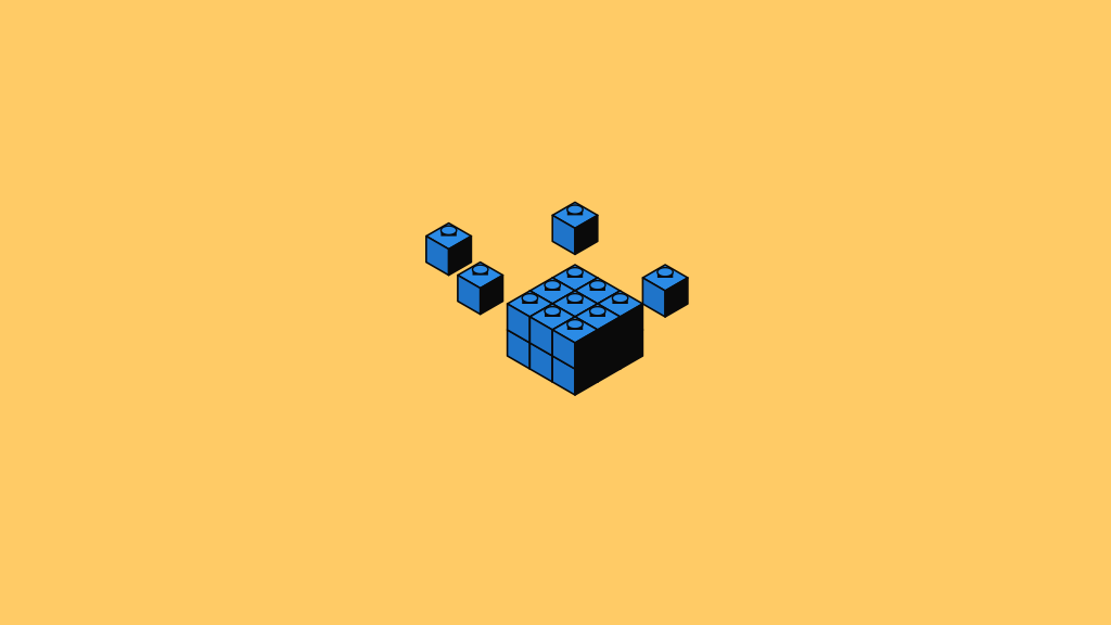Roll-up procurement value: small isometric blocks joining a larger combined block on a yellow background