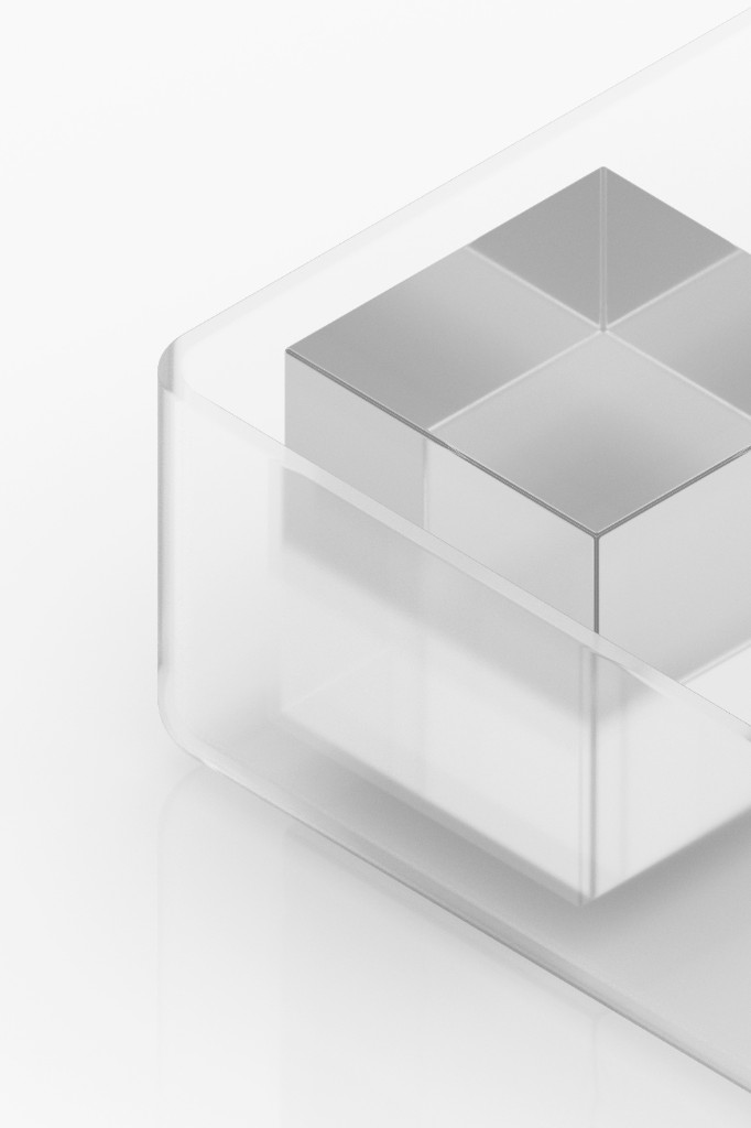 Minimal 3D cube composition representing spend cube dimensions